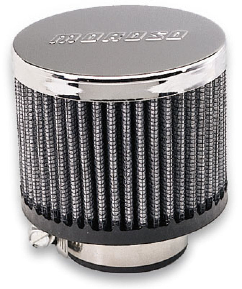 Moroso filtered valve cover breather with clamp-on design, 1-3/8 inch ID, no hood, suitable for automotive engine valve covers.