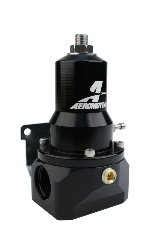 Aeromotive fuel pressure regulator with .313 valve, 30-120 PSI, dual AN-10 inlets and bypass for automotive performance applications.