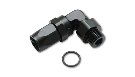 Vibrant Male -12AN 90 Degree Hose End Fitting with 1-1/6-12 thread, shown in close-up with metal finish and precision design.