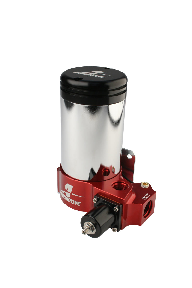 Aeromotive A2000 drag race carbureted fuel pump showing metallic body and inlet/outlet fittings for high-performance racing applications.