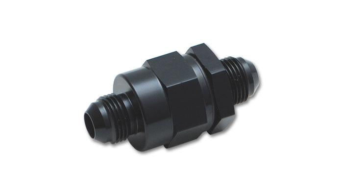 Vibrant fuel pump check valve with -8AN male flare fitting to 12mm x 1.5 metric fitting, showing metal construction and threading.