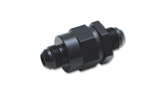 Vibrant fuel pump check valve with -8AN male flare fitting to 12mm x 1.5 metric fitting, showing metal construction and threading.