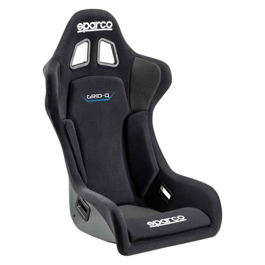 Black Sparco Seat Grid QRT race seat with ergonomic design and racing harness compatibility, ideal for high-performance driving.