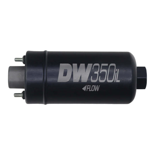 DeatschWerks 350 LPH DW350iL in-line external fuel pump with wiring, designed for high-performance fuel delivery in vehicles