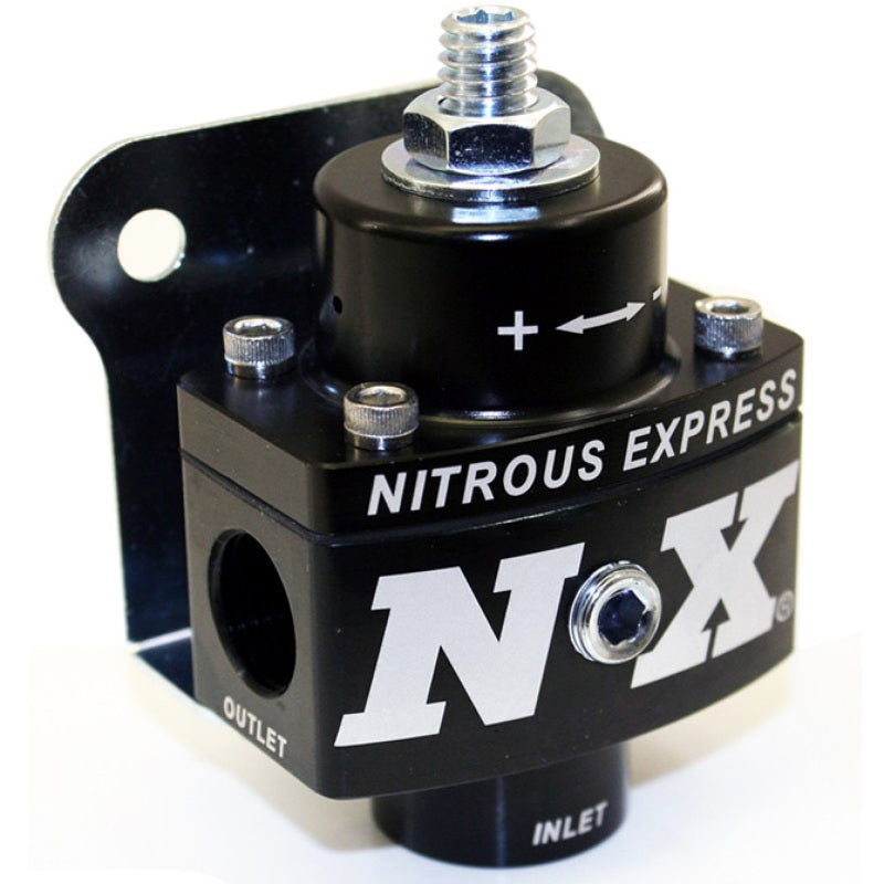 Nitrous Express fuel pressure regulator non-bypass for automotive fuel systems, shown with metal body and adjustment knob.
