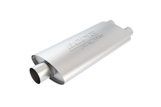 Borla Pro-XS 2.5-inch oval dual muffler with 19x4x9.5 inch dimensions, black metal finish, and dual exhaust outlets.
