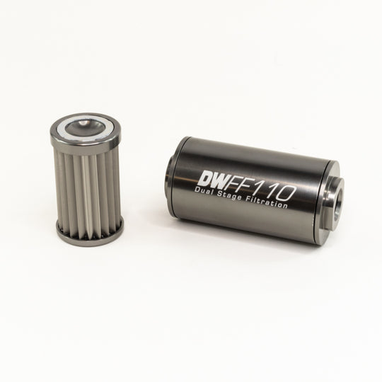 DeatschWerks stainless steel 10AN inline fuel filter housing kit with 10 micron filtration, displayed with fittings and mounting hardware.