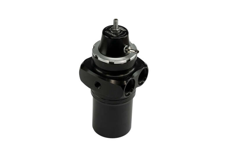 Turbosmart -10AN FPRF10 canister style fuel filter with regulator in black, showcasing the compact fuel filtering unit with fittings.