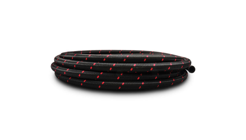 Vibrant -4 AN two-tone black and red nylon braided flex hose, 10-foot roll, durable automotive fluid transfer hose.