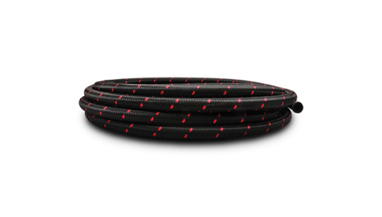 Vibrant -10 AN two-tone black and red nylon braided flex hose, 20-foot roll, durable automotive fluid transfer hose.