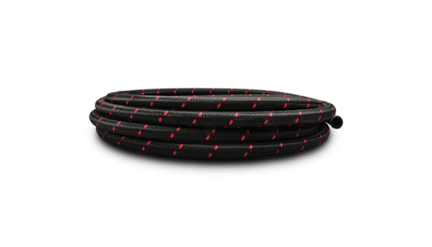 Vibrant -10 AN two-tone black and red nylon braided flex hose, 20-foot roll, durable automotive fluid transfer hose.