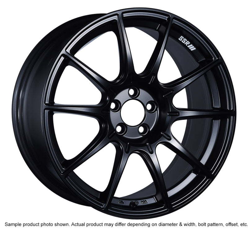 SSR GTX01 17x9 cast flat black wheel with 5x114.3 bolt pattern and 38mm offset, showing the wheel's matte black finish and detailed design.