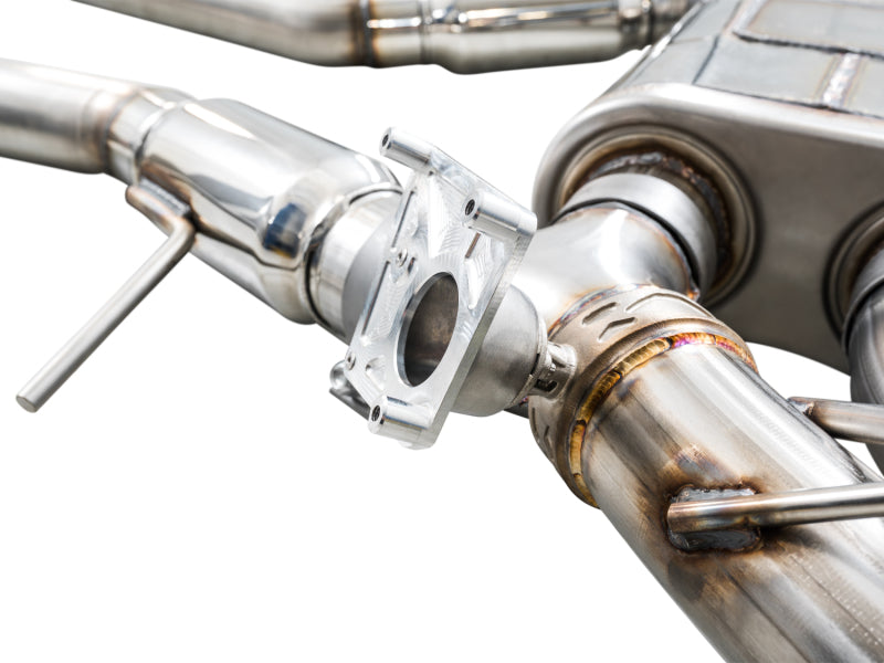 AWE Tuning Cadillac CT5-V Blackwing catback exhaust with chrome silver tips, showcasing polished exhaust tips and sleek design.