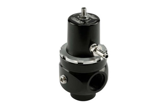 Turbosmart FPR10 Pro-Lite black fuel pressure regulator for automotive engines, with adjustable control and compact design