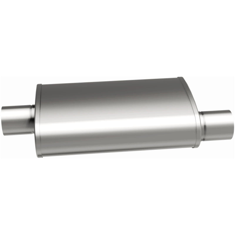MagnaFlow Mag SS muffler with 22x5x11-inch dimensions and 2.5-inch outlet, showing the stainless steel construction and inlet/outlet openings.