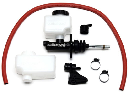 Wilwood short remote brake master cylinder with 3/4 inch bore and 3/8 inch-24 banjo outlet, shown with mounting and fittings.