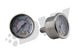DeatschWerks mechanical fuel pressure gauge with 0-100 PSI range, 1/8 inch NPT fitting, black dial, and clear measurement markings.