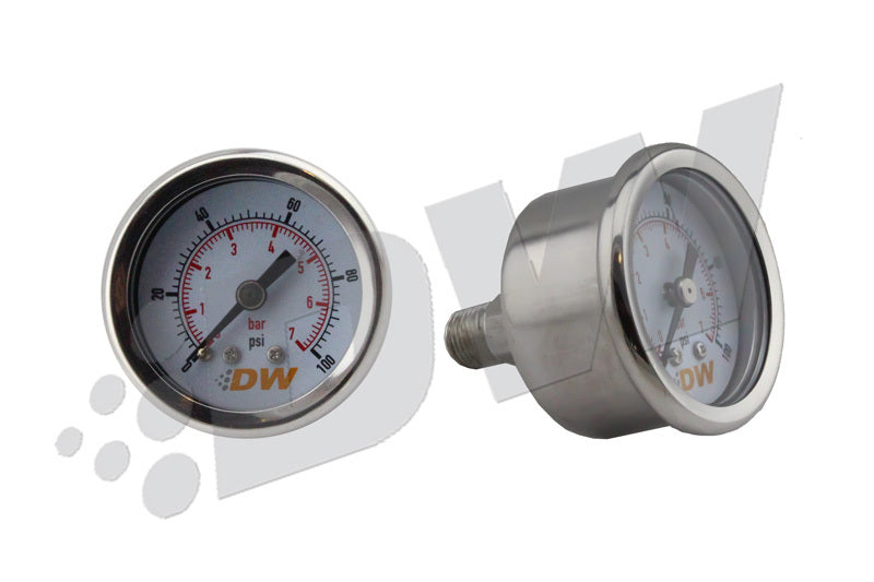 DeatschWerks mechanical fuel pressure gauge with 0-100 PSI range, 1/8 inch NPT fitting, black dial, and clear measurement markings.