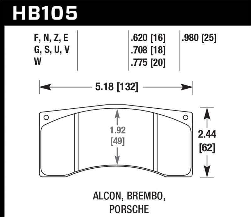 Hawk Performance racing brake pads for Brembo and Alcon brake systems, showing the black brake pad with metal backing and labels.