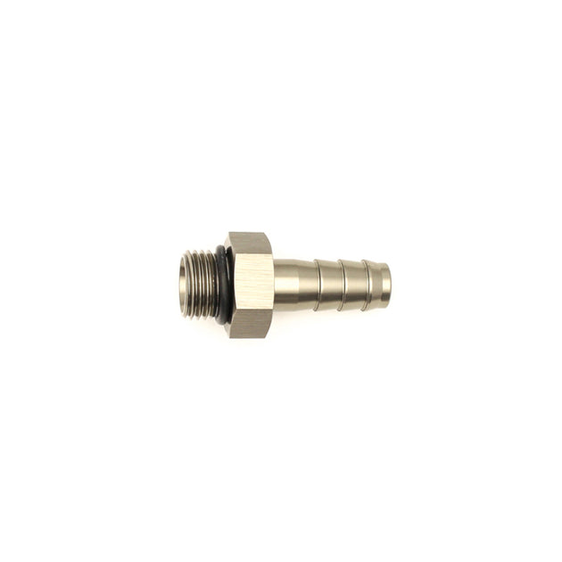 DeatschWerks 6AN ORB male to 3/8-inch male triple barb fitting with O-ring, used for fuel and fluid line connections.