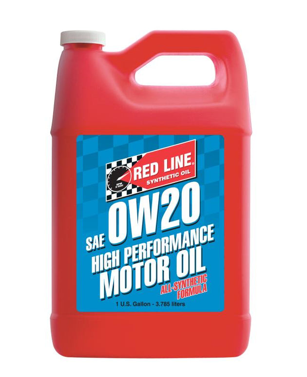 Red Line 0W20 motor oil gallon container with red and black labeling, suitable for automotive engine lubrication.
