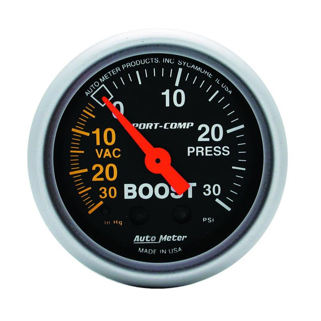 AutoMeter Sport-Comp 52mm mechanical boost gauge with 30 PSI pressure measurement, featuring a black dial and silver bezel.