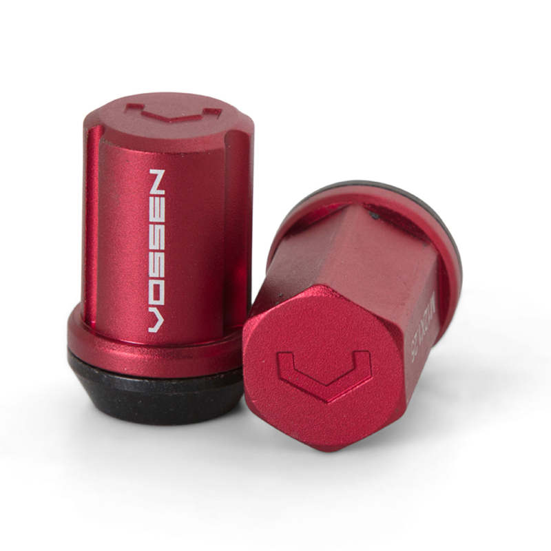 Vossen 35mm lock lug nuts with 14x1.5 thread, 19mm hex, cone seat, red finish, set of four, for vehicle wheel security.