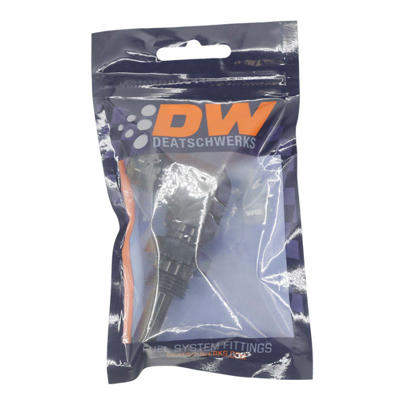 DeatschWerks 8AN male flare to straight 3/8 inch hose barb fitting in anodized matte black for automotive fuel systems.