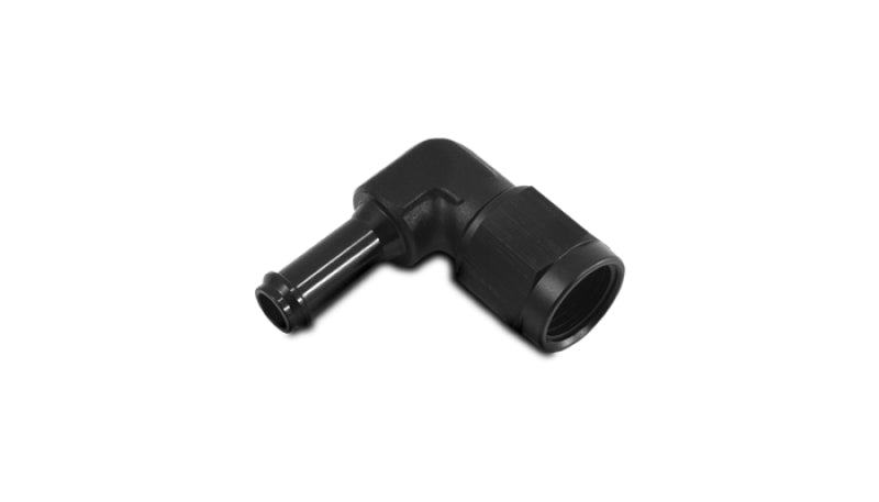 Vibrant black anodized -8AN to 1/2 inch hose barb 90-degree fitting for automotive and fluid transfer applications.