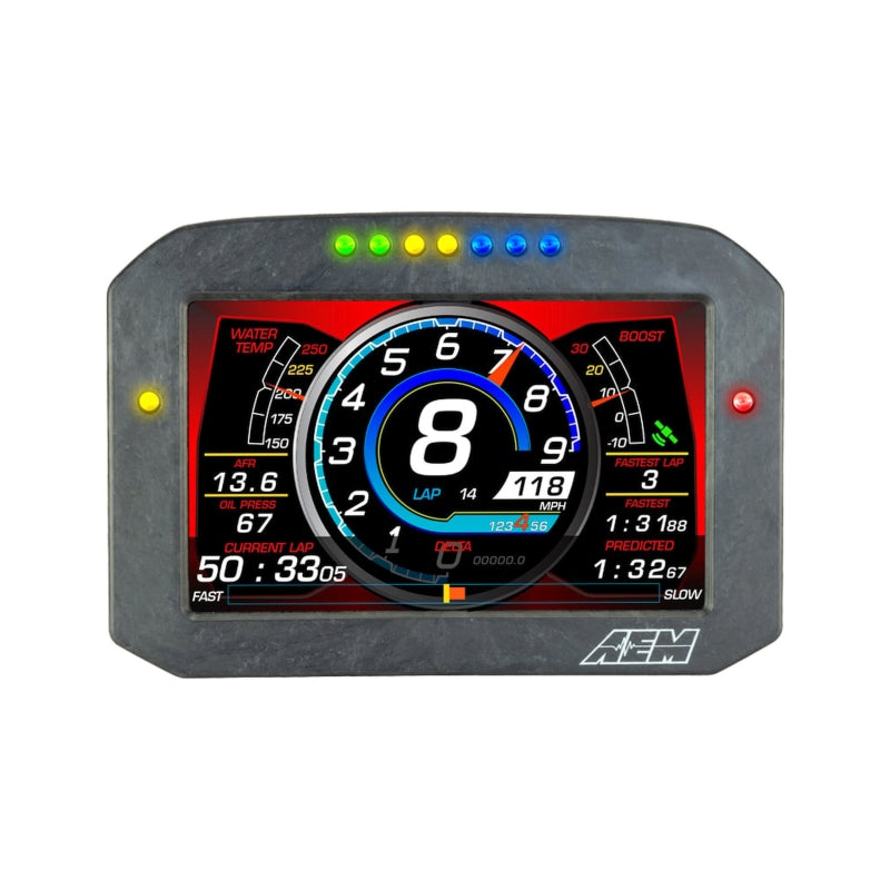 AEM CD-7 Carbon Flush Digital Dash Display gauge showing digital readouts and carbon fiber finish for automotive dashboard use.