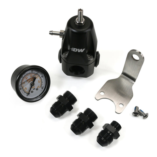 DeatschWerks DWR1000 fuel pressure regulator with black anodized finish, pressure gauge, and 8AN fittings for performance fuel systems.