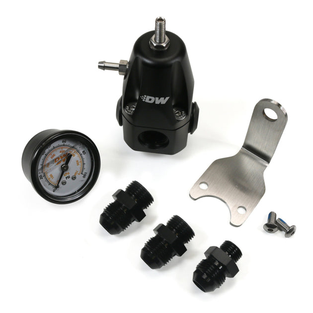 DeatschWerks DWR1000 fuel pressure regulator with black anodized finish, pressure gauge, and 8AN fittings for performance fuel systems.