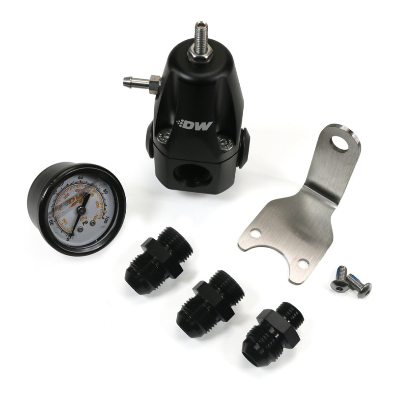 DeatschWerks DWR1000 fuel pressure regulator with black anodized finish, pressure gauge, and 8AN fittings for performance fuel systems.