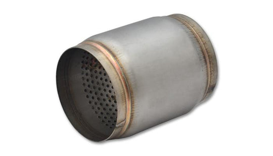 Vibrant SS Race Muffler with 3.5-inch inlet and outlet, 5-inch long, showcasing a durable stainless steel construction.