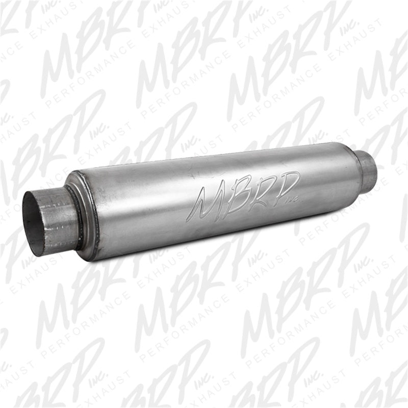 MBRP universal 30-inch high flow muffler showcasing its sleek metal design and cylindrical shape for vehicle exhaust systems
