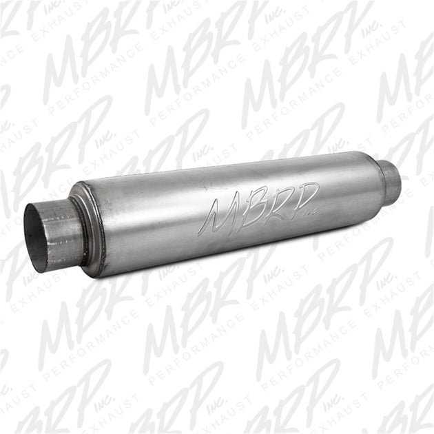 MBRP universal 30-inch high flow muffler showcasing its sleek metal design and cylindrical shape for vehicle exhaust systems
