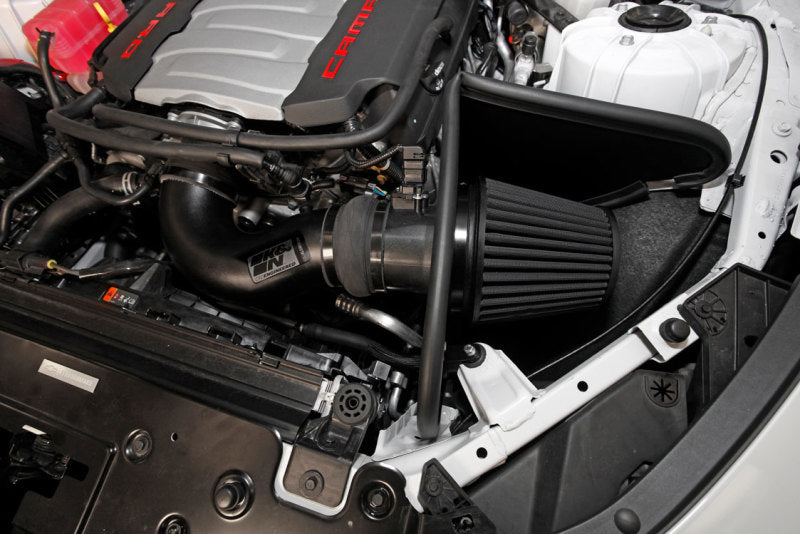 K&N Engineering cold air intake kit installed in a 2016 Chevrolet Camaro SS V8 6.2L engine for improved performance.