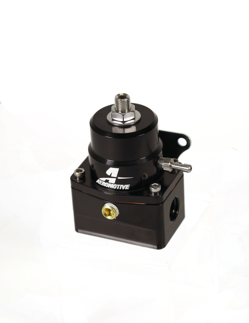 Aeromotive A1000-6 Injected Bypass EFI Fuel Pressure Regulator with black finish, showing inlet and return ports.