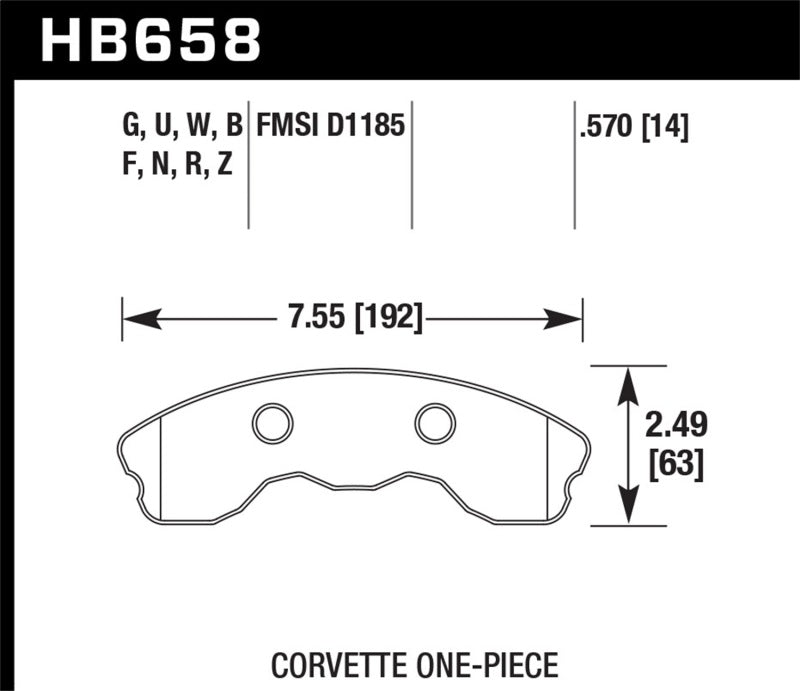 Hawk Performance high-performance street front brake pads for 2010-2013 Chevy Corvette Grand Sport, one-piece design.