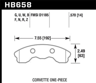 Hawk Performance high-performance street front brake pads for 2010-2013 Chevy Corvette Grand Sport, one-piece design.