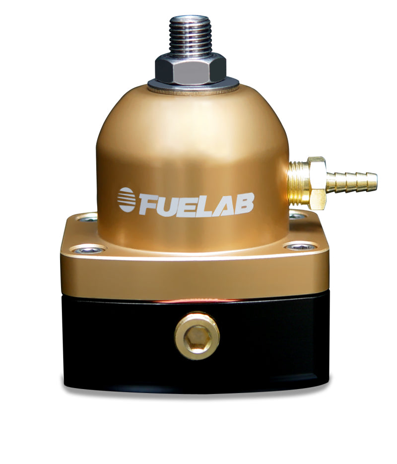 Fuelab 535 EFI adjustable mini fuel pressure regulator with -6AN fittings, gold finish, rated 25-90 PSI, for fuel system regulation.