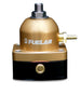 Fuelab 535 EFI adjustable mini fuel pressure regulator with -6AN fittings, gold finish, rated 25-90 PSI, for fuel system regulation.