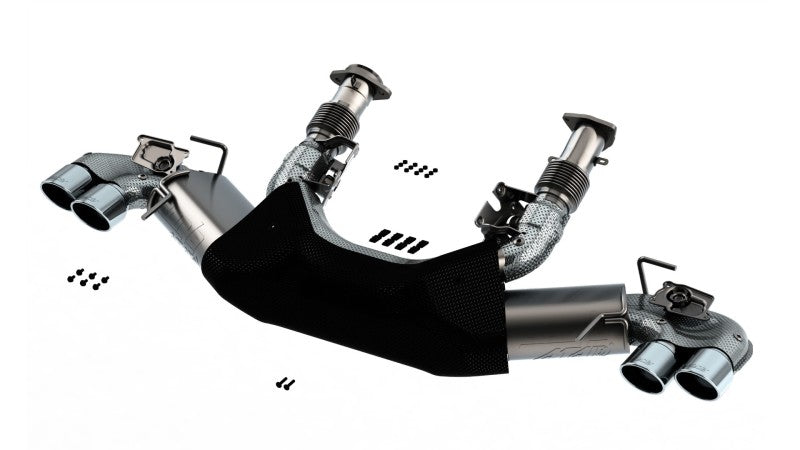 Borla catback exhaust system for 2020 Chevrolet Corvette C8 with dual round A/C tips, 3-inch diameter pipe and polished finish.