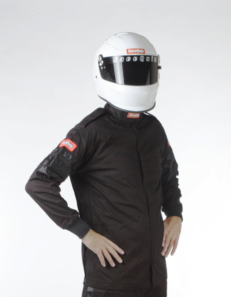 RaceQuip Black SFI-1 1-L racing jacket in large size with flame-resistant fabric and front zipper, designed for motorsport safety.