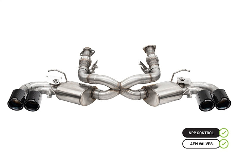 Corvette C8 RWD Corsa 20-25 catback exhaust with 3-inch valved system, carbon fiber black PVD tips, designed for Chevrolet Corvette.