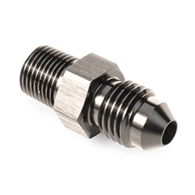 Black Snow Performance 1/8in NPT to 4AN straight water fitting for automotive cooling and fuel systems.