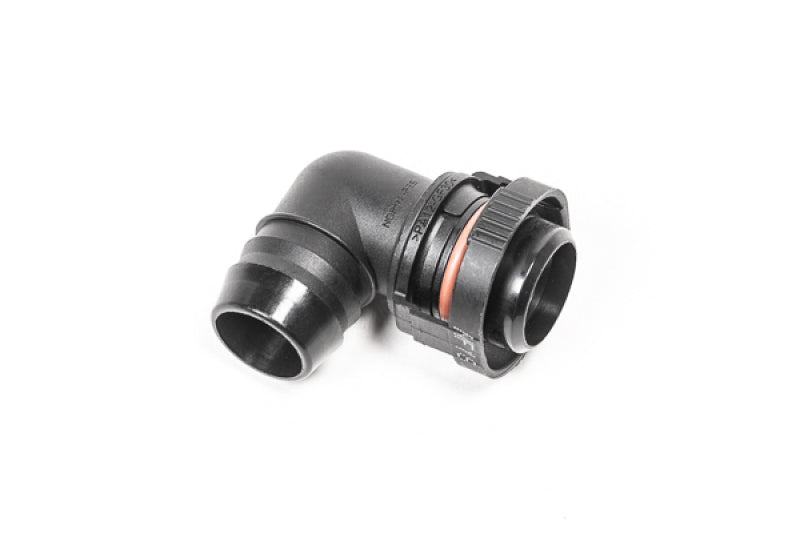 Radium Engineering 19mm male to 90-degree 3/4-inch barb quick connect fitting showing metal and rubber connection points