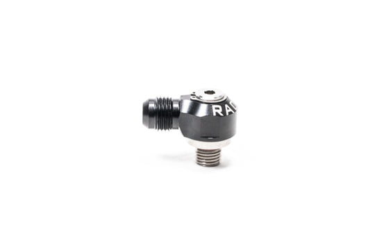 Radium Engineering 4AN ORB swivel banjo fitting connected to a 6AN male fitting for fluid transfer systems.