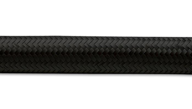 Vibrant -8 AN black nylon braided flex hose, 10-foot roll, durable and flexible hose for automotive or industrial fluid transfer.