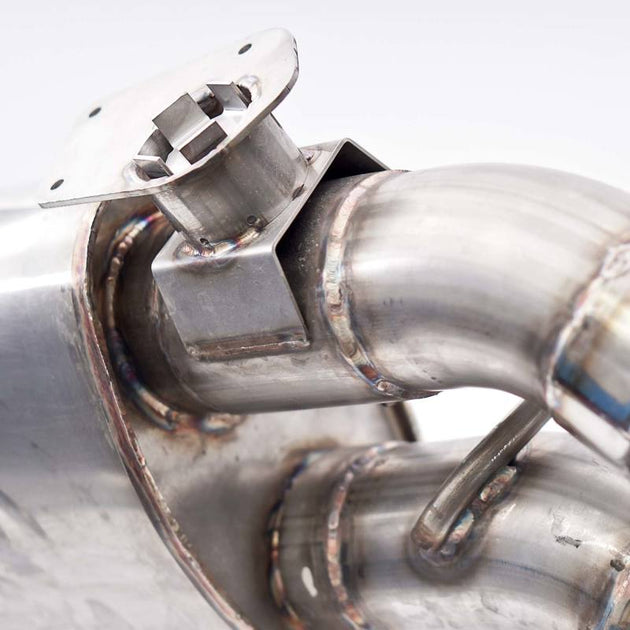 Stainless Works 2016+ Chevy Camaro SS axle back exhaust with red 3-inch performance connect, valve, and 4-inch quad tips.